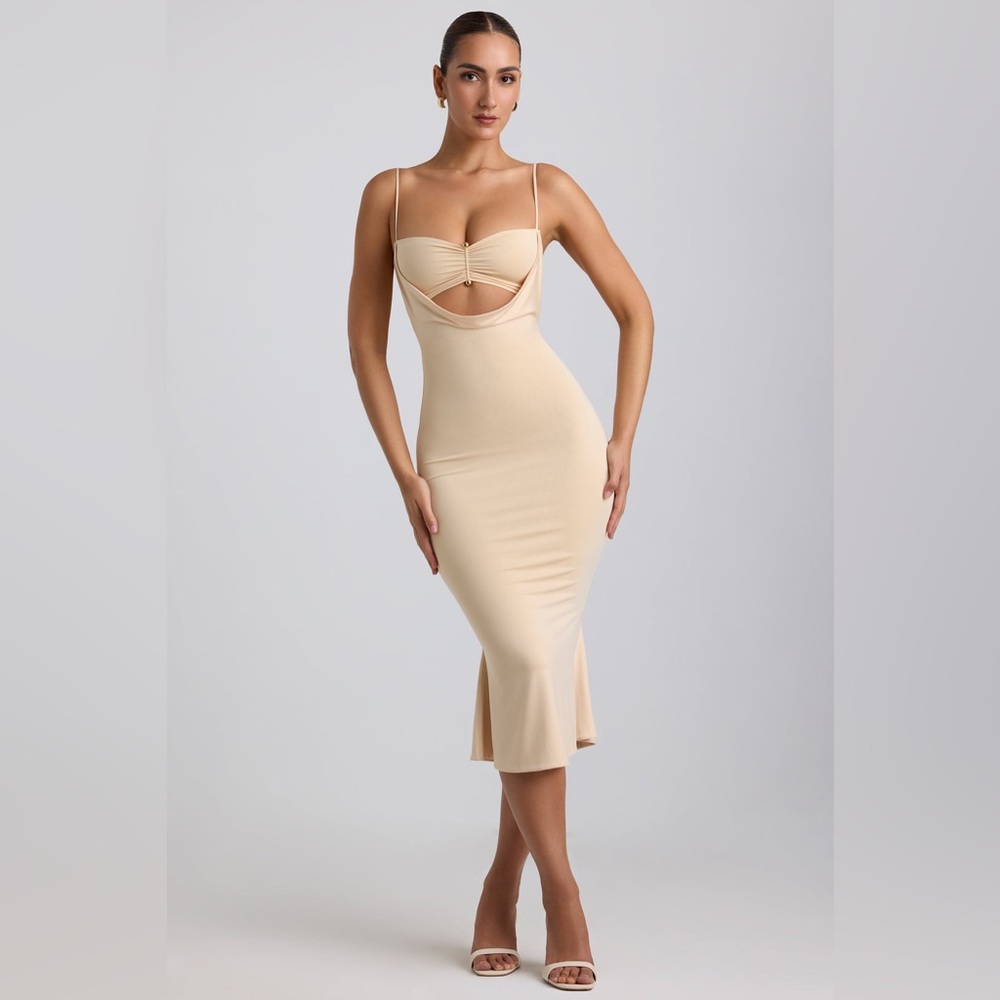Oh Polly Julane Slinky Jersey Ruched Cut-Out Midaxi Dress in Buttercream Size 4 - Picture 8 of 15